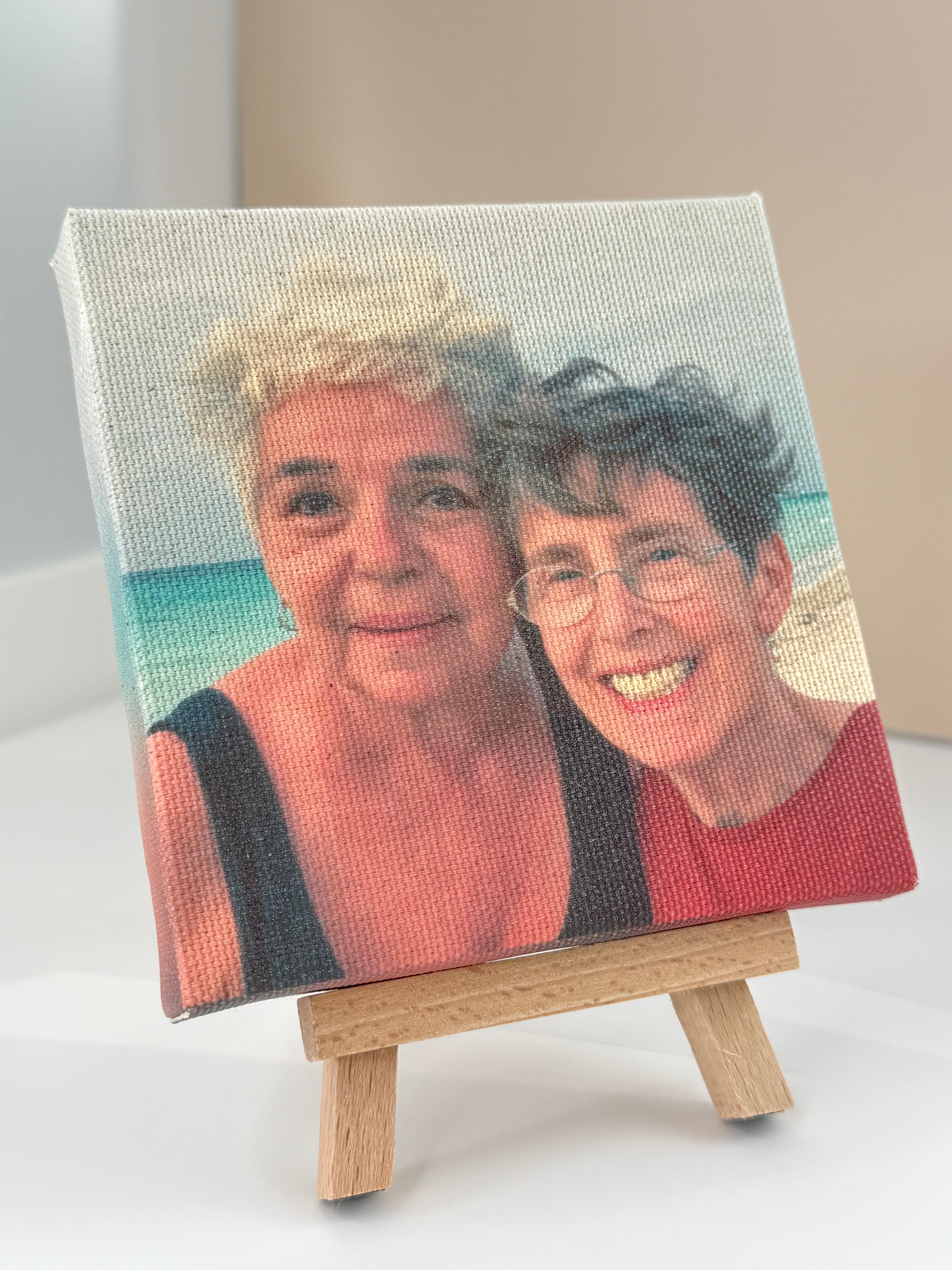 Personalized custom photo printed on mini canvas – unique gift idea of two friends sharing a beautiful moment