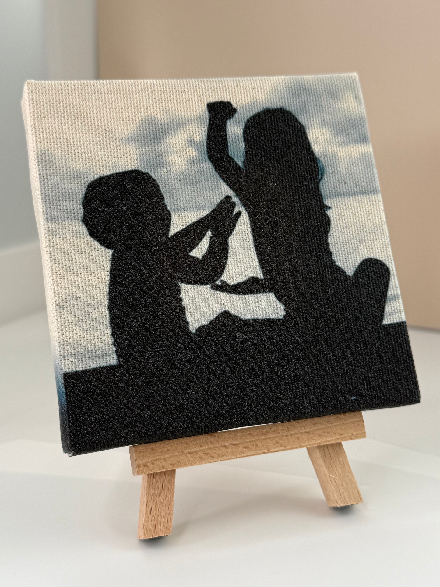 Personalized custom photo printed on mini canvas – unique gift idea close up of canvas on easel